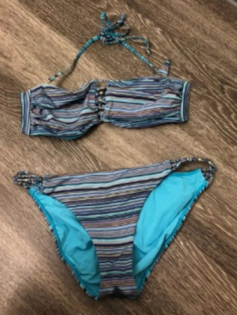 PilyQ Striped Halter Blue Bikini Set Sz L
